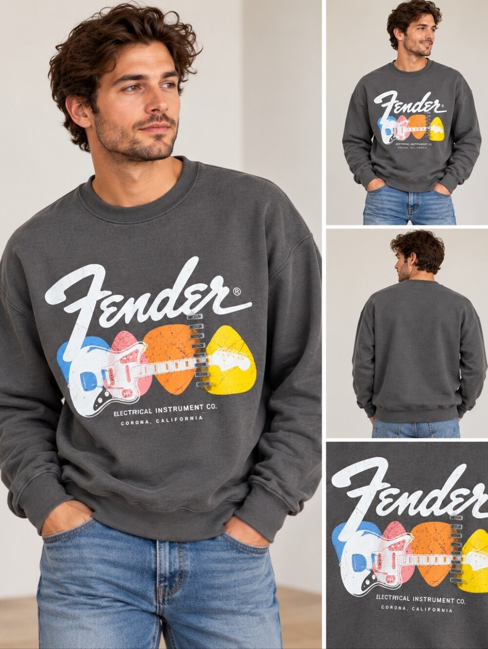 Fender Retro Guitar Graphic Charcoal Fleece Sweatshirt Gray Medium NWT Unisex